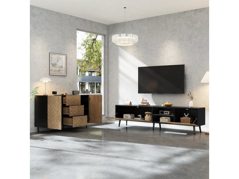  Meuble tv et buffet avec 2 abattants, niche ouverte, 3 tiroirs et 2 portes - pour salon - en panneaux de particules - naturel et noir  - Conforama C