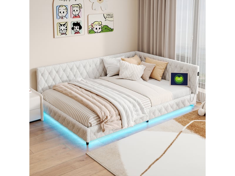  Lit banquette rembourré en tissu bouclette 140x200cm-beige - éclairage led rgb et ports usb intégrés - style cosy et moderne  - Conforama D