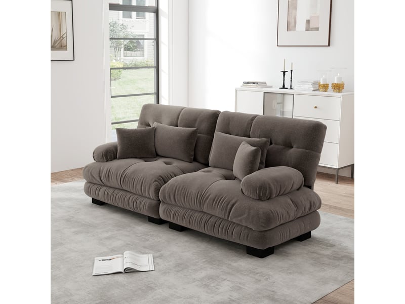 Canapé d'angle, canapé 2 places : en chenille, marron, style cloud, coussins inclus - Conforama C