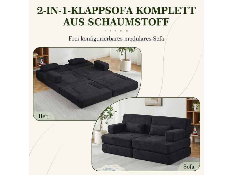  Canapé convertible 2-en-1 2 places 182 x 90 x 80 cm avec couchage pliant, dossier réglable et structure en fer, chenille, noir OMNIGLINT TRADING LTD - Conforama E