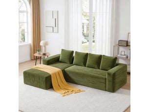 Canapé d'angle convertible modulable 4 places en velours côtelé vert, méridienne droite pour votre salon
