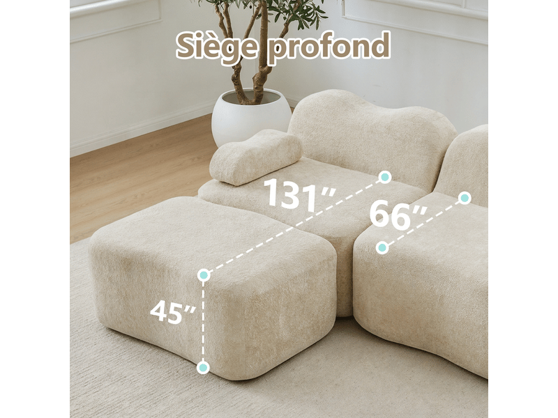 Canapé d'angle en l modulable 4 places - mousse haute densité 32d, velours beige, avec ottomane  - Conforama E
