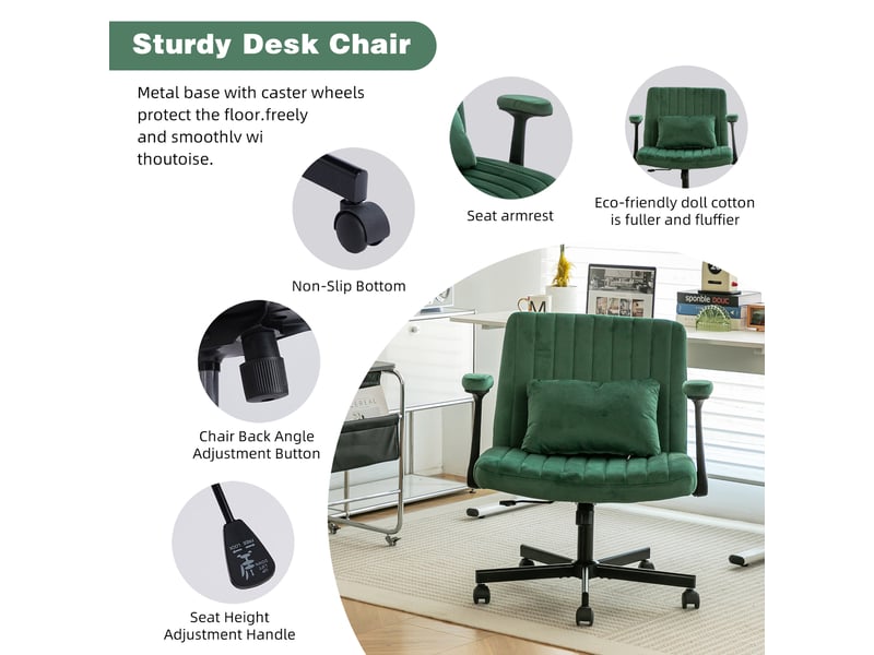Chaise de bureau pivotante ergonomique avec accoudoirs rabattables et roulettes silencieuses en tissu vert - Conforama A