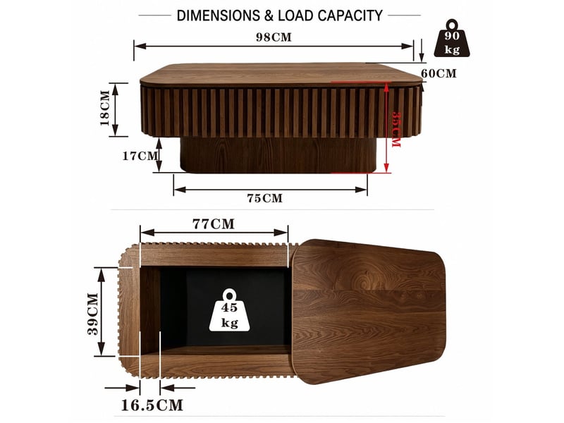  Table basse rectangulaire avec rangement dissimulé et plateau amovible, finition noyer pour salon, 98 × 60 × 35 cm  - Conforama C