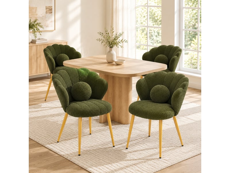  Lot de 4 chaises de salle à manger style coquillage en tissu teddy vert, pieds dorés  - Conforama C
