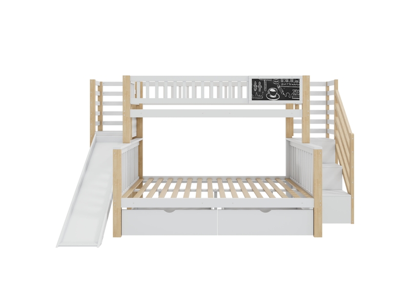  Lit superposé enfant avec toboggan 140x200 et 90x200 - rangement et escalier - bois massif blanc  - Conforama W