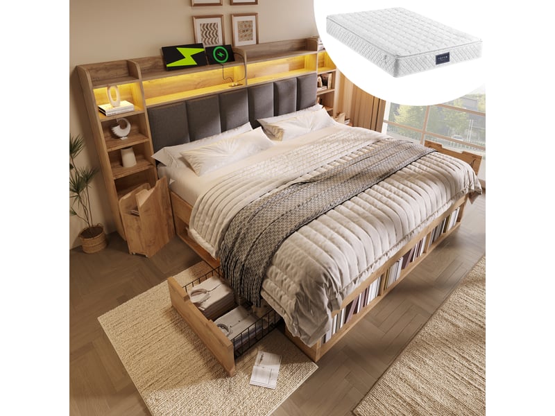  Lit double 180 x 200 cm avec tête de lit led, rangement et finition chêne  - Conforama D