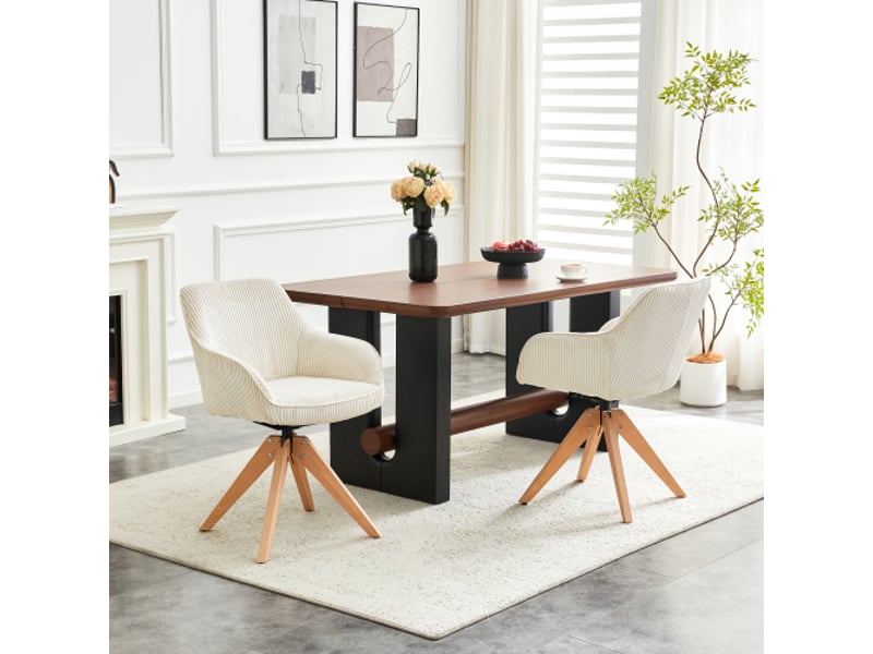  2 chaises pivotantes rétro luxe velours crème rayures verticales, pieds bois massif, 360°, salonsalle à mangerbureau  - Conforama B