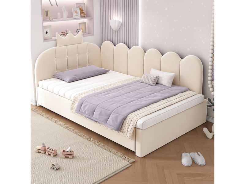  Lit banquette gigogne 90 x 200 cm, forme en l, velours, beige  - Conforama C