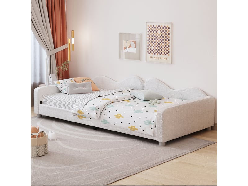 Lit enfant 90x200 capitonné blanc - canapé lit multifonctionnel en tissu bouclette doux - Conforama W