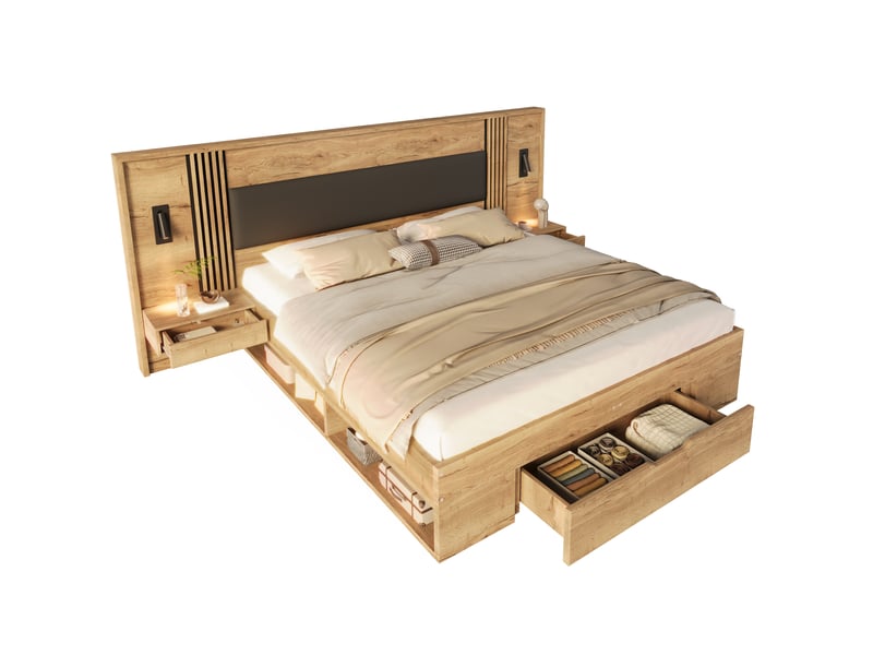  Lit double 160 x 200 cm, lit coffre, lit en bois, lit enfant, avec lampe de lecture, 2 tables de chevet, tiroirs, coloris naturel  - Conforama A