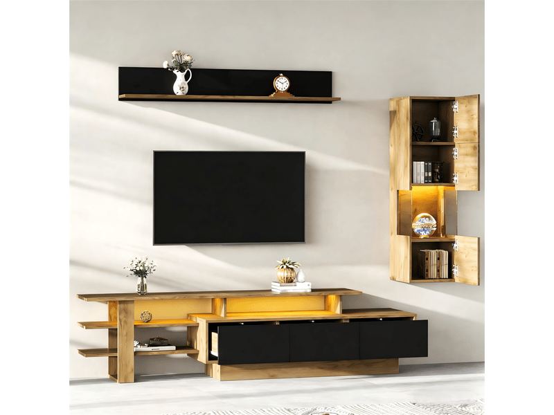  Ensemble meubles tv 3 pièces éclairage led 1 meuble tv 1 vitrine salon 1 étagère suspendue télé 80 pouces noir bois naturel meuble tv 3 tiroirs  - Conforama B