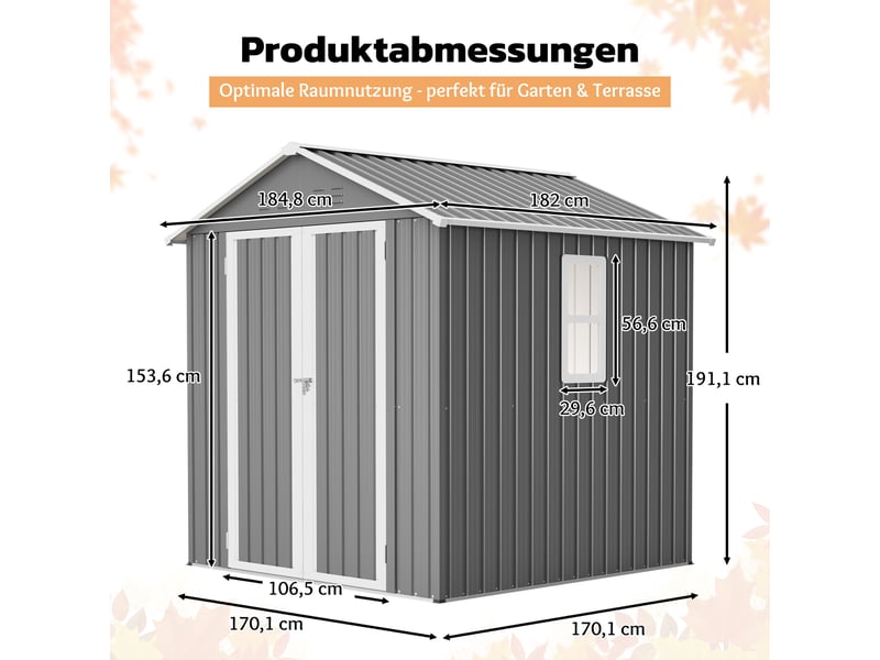  Abri de jardin en métal 184,8 x 182 x 191,1 cm, rangement extérieur avec fenêtre, double porte verrouillable, aérations et base, gris Luxe haut de gamme - Conforama C