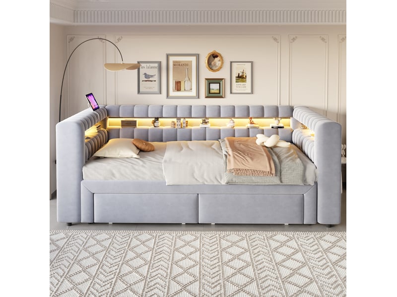  Lit gigogne, 90x180x190 cm, lit tiroir, rangement avec led et usb, tiroirs pratiques intégrés, velours, coloris gris  - Conforama D