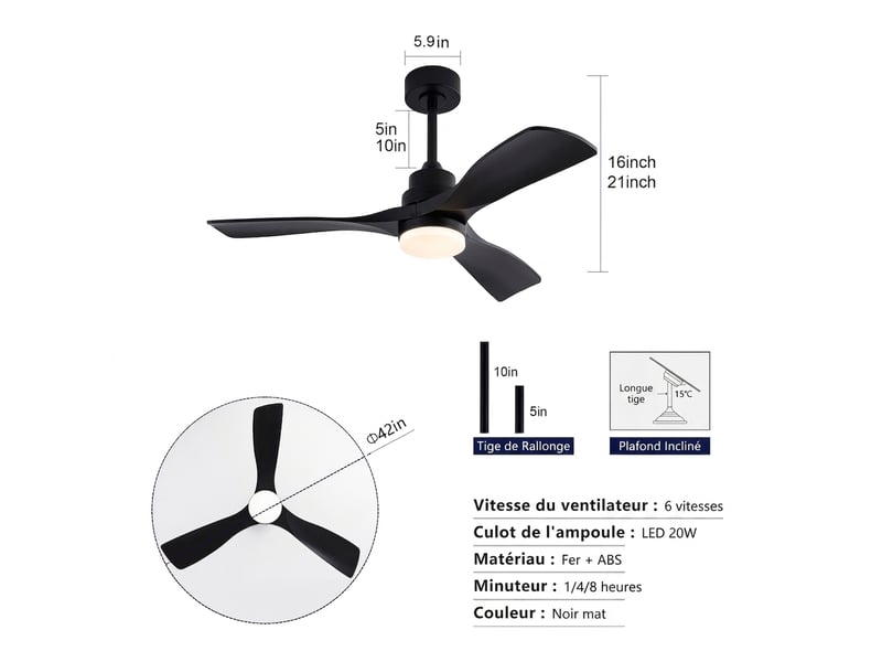  Ventilateur de plafond 132 cm en bois de noyer, avec lumière led dimmable et télécommande, moteur dc silencieux pour salon et chambre  - Conforama A