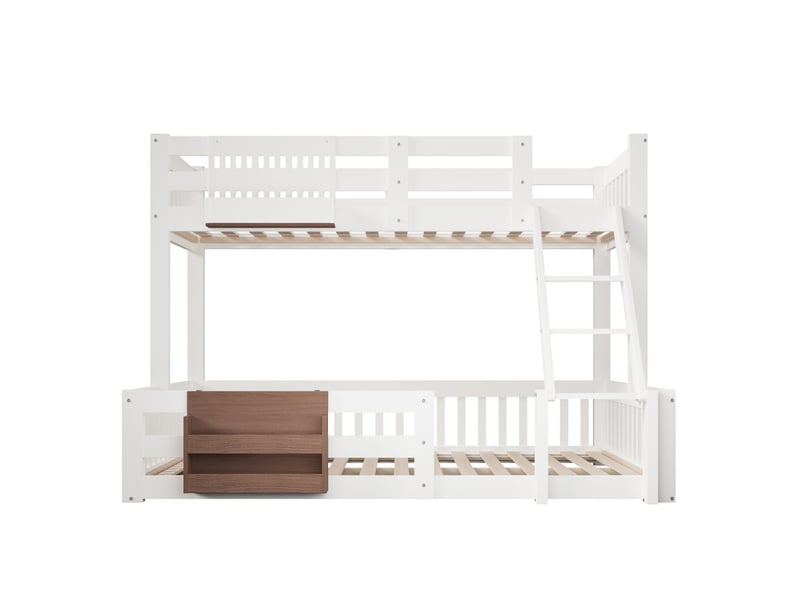 Lit superposé 90 x 200 cm et 140 x 200 cm, avec compartiments de rangement, barrières de sécurité, échelle, blanc - Conforama A