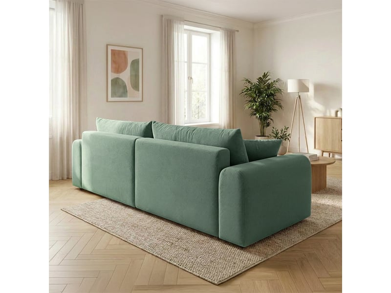 Canapé d'angle convertible vert 4 places tissu bouclé + coffre belair - Conforama E