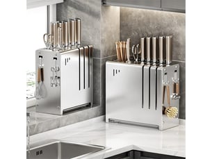 Porte-couteaux de comptoir en acier inoxydable pour la cuisine - avec cylindre à baguettes - gris - 22.5*11*24 cm - porte-couteaux mural