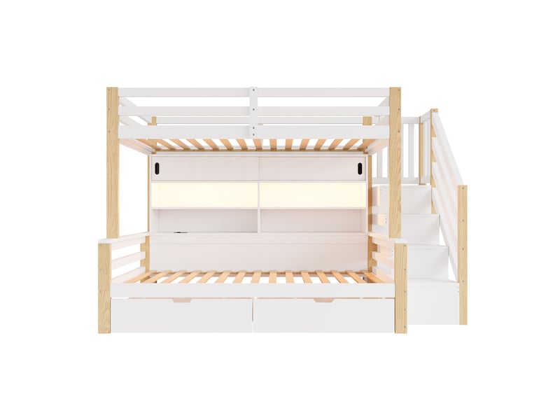  Lit superposé enfant 90x200 cm avec escalier de rangement, éclairage intégré, bois et mdf, blanc et bois naturel sans matelas  - Conforama E