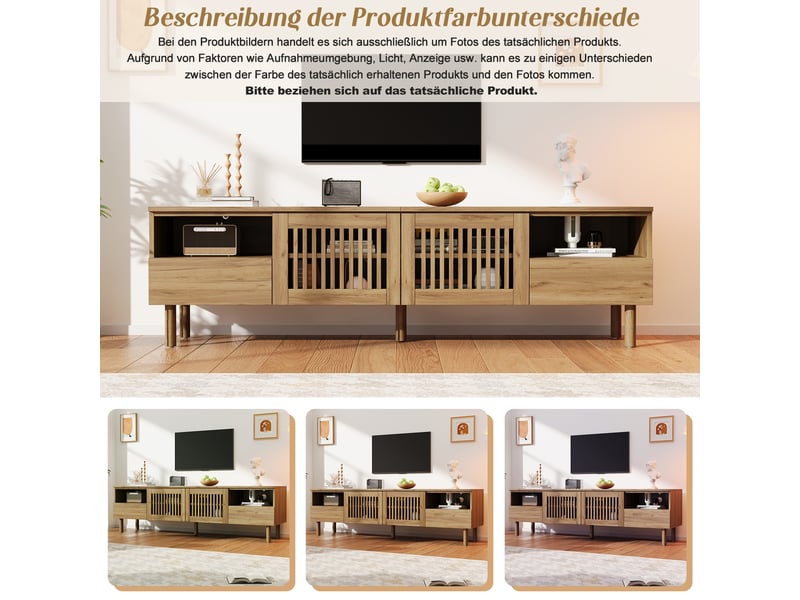 Meuble tv mdf avec 2 portes grillagées, 2 tiroirs, niches ouvertes et passe-câbles pour salon, 180×40×51 cm - Conforama E