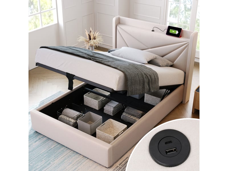  Lit coffre enfant 90x200 cm, espace de rangement, usb type-c et sommier, coton lin beige, sans matelas  - Conforama B