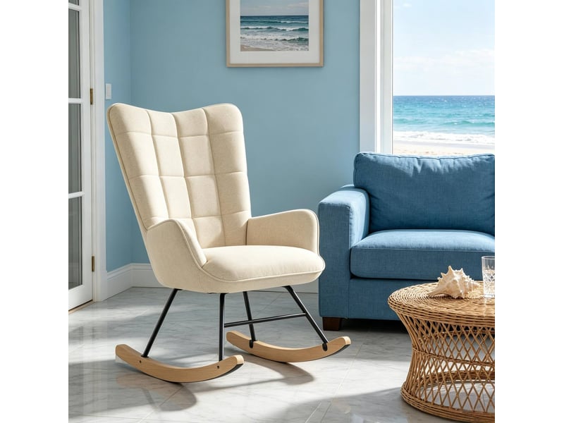Rocking-chair ergonomique avec haut dossier, accoudoirs courbés et assise rembourrée en velours beige, 67,5 × 65 × 95 cm - Conforama C