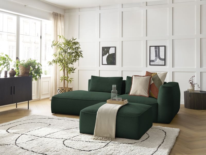 Bobochic canapé droit fixe 3 places leopold velours côtelé avec pouf vert foncé accoudoir droit LEOPOLD - Conforama B