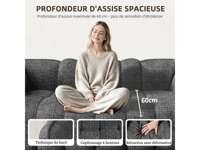  Lexzurn fauteuil fixe, pouf pour adulte,avec coussin,conception ergonomique,profondeur d'assise accrue 60 cm,adapté à de nombreux contextes,base antidérapante  - Conforama D