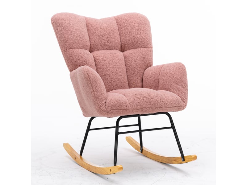  Fauteuil à bascule rose en tissu teddy avec dossier capitonné, pieds en bois et cadre en métal, 80x70x95 cm  - Conforama A