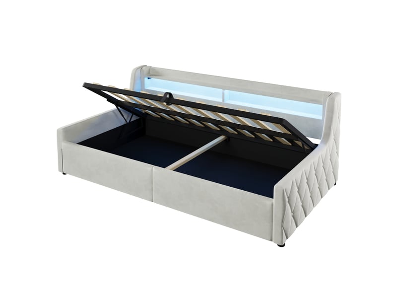 Lit pour jeune, 90x200 cm, coffre avec ouverture hydraulique, tete de lit led, allure moderne, flanelle, coloris beige  - Conforama A