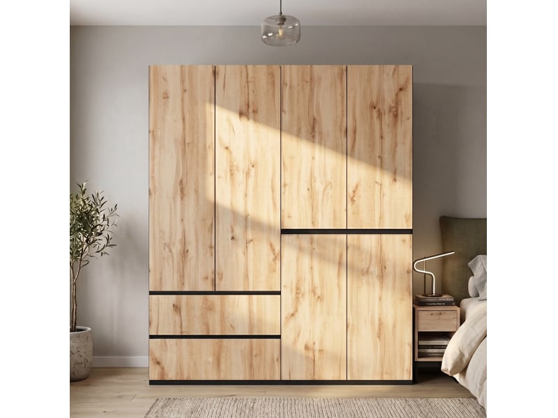  Armoire 6 portes avec 2 penderies et 5 tiroirs, décor bois clair à détails noirs pour chambre, 180 × 50 × 200 cm  - Conforama D