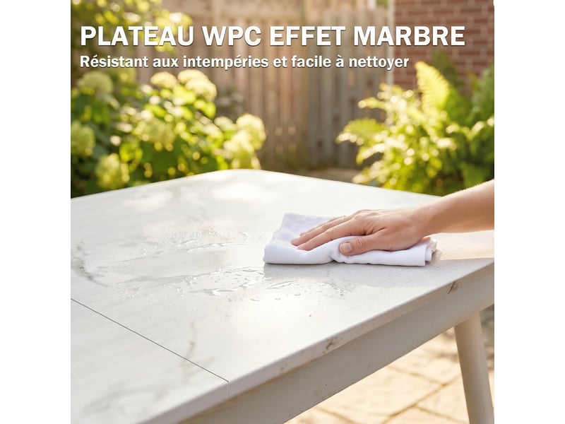  Table de jardin rectangulaire 4-6 personnes métal et wpc blanc 140x80x75 cm  - Conforama E