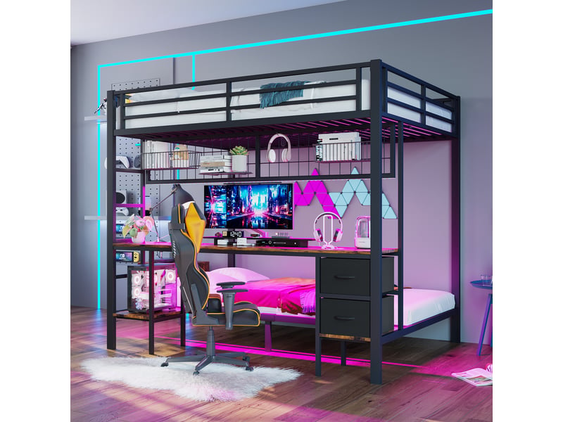  Lit mezzanine avec bureau, structure en métal noir, couchages 90 x 200 et 140 x 200 cm, rangements et éclairage led  - Conforama R
