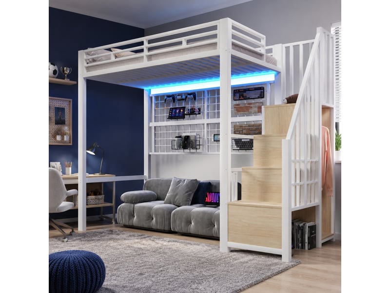  Lit mezzanine, lit simple en métal avec armoire, escalier de rangement et led 7 couleurs, 90x200 cm, sans matelas, blanc  - Conforama C