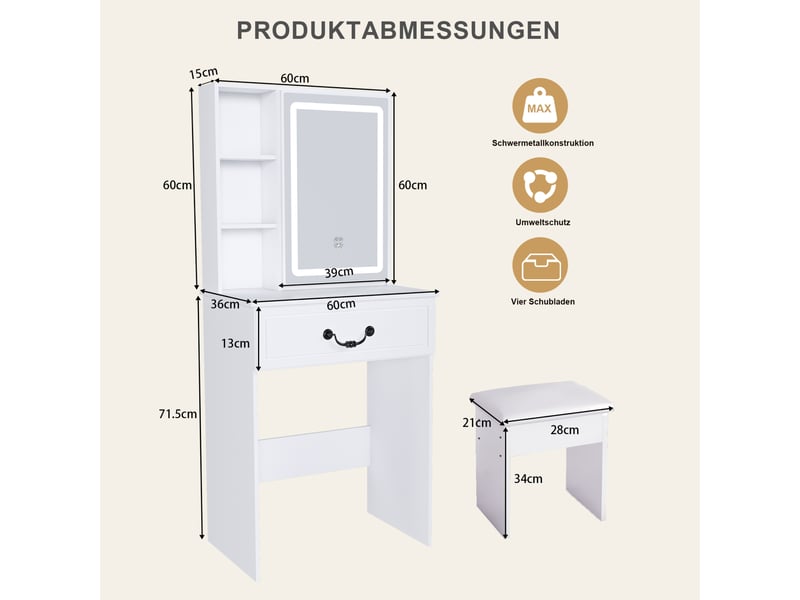 Coiffeuse 60x36x131,5 cm, miroir led et tabouret, table de maquillage compacte, meuble chambre, rangement, mdf blanc  - Conforama C