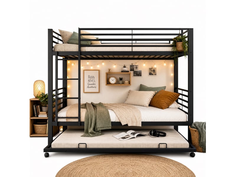  Lit superposé enfant 90x200 cm métal noir, lit gigogne 90x190 cm, 3 couchages avec échelle  - Conforama E
