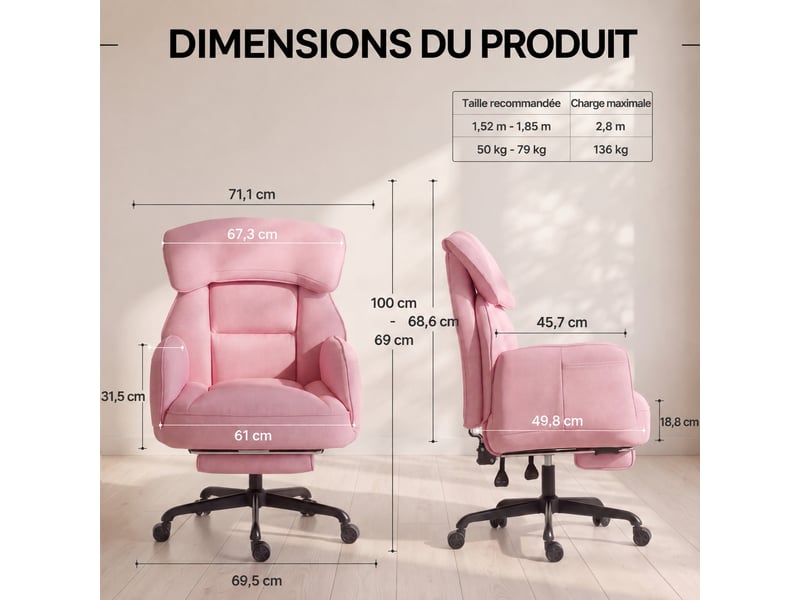  Fauteuil de bureau ergonomique,dossier inclinable 90°-135,repose-pieds,hauteur réglable,cuir pu,rose  - Conforama E