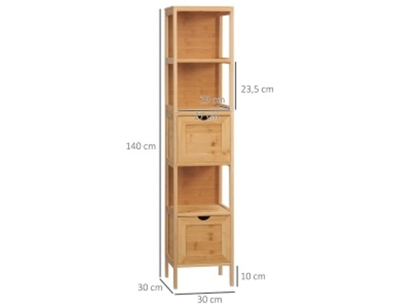  Meuble haut de salle de bains 30x30x140 cm avec 3 compartiments ouverts et 2 tiroirs amovibles naturel  - Conforama E