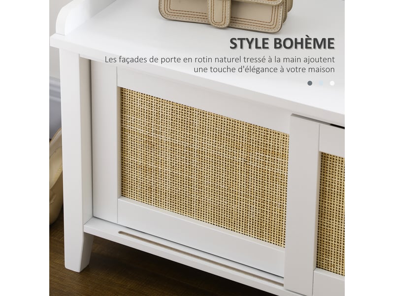  Banc à chaussures meuble de rangement avec porte coulissante et façades rotin tissé blanc 80 x 35 x 45 cm  - Conforama A