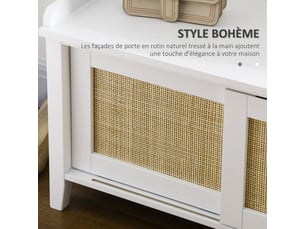 Banc à chaussures meuble de rangement avec porte coulissante et façades rotin tissé blanc 80 x 35 x 45 cm