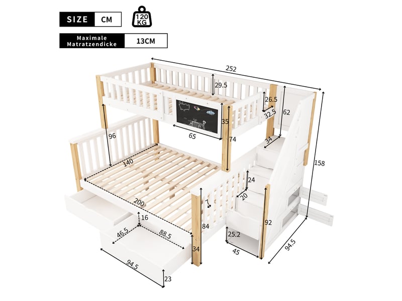 Lit superposé 90x200 cm + 140x200 cm, lit enfant multifonctionnel avec tableau noir et tiroirs, lit double, sans matelas, blanc + chêne clair  - Conforama C