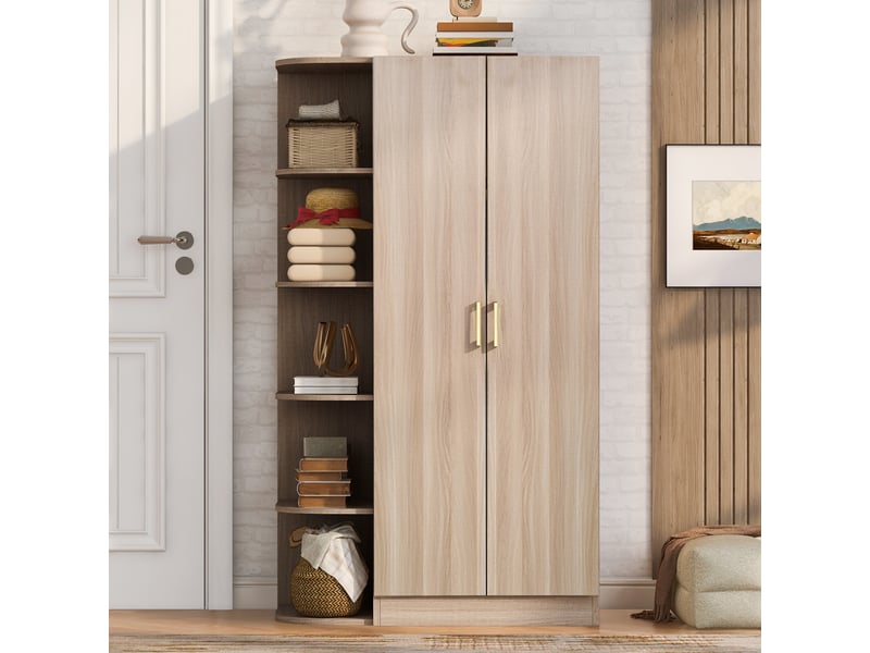  Armoire 2 portes 90 x 55 x 170 cm avec étagères et tiroirs, finition aspect bois naturel  - Conforama C