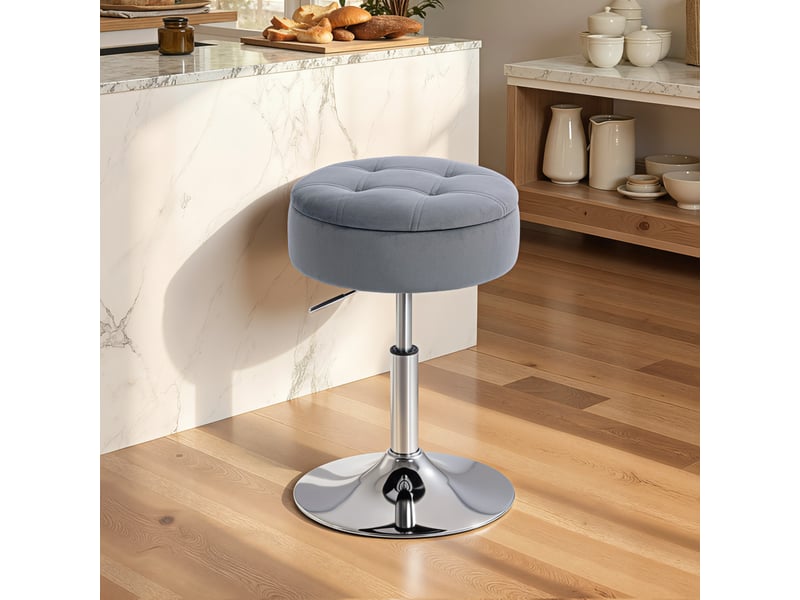  Tabouret de bar réglable en hauteur avec compartiment de rangement, siège pivotant rembourré sans dossier, gris  - Conforama C