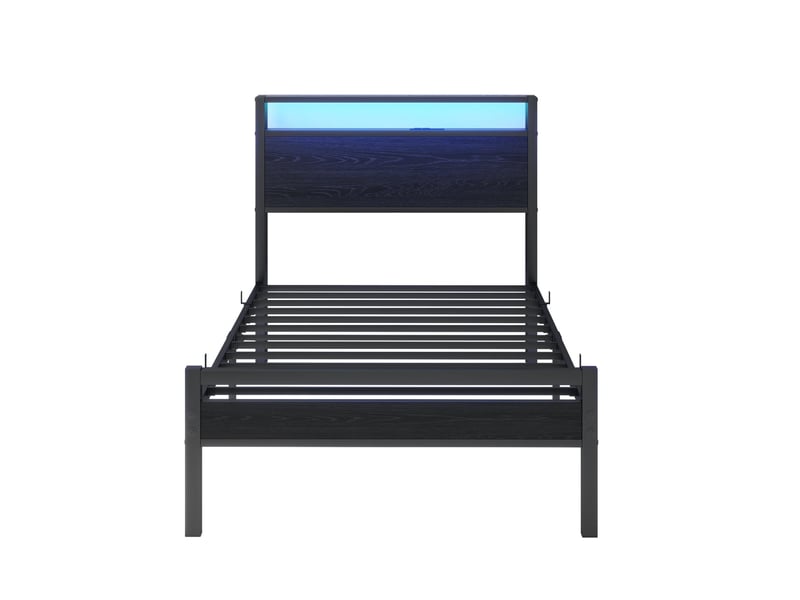  Lit simple 90x200, noir, mdf et métal, doté de prise, usb type-c, tête de lit 2 niveaux et rangement, sans matelas  - Conforama A