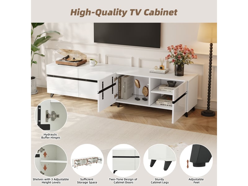 Meuble tv blanc brillant de 180 cm avec quatre placards, rangement modulable et huit pieds, pour téléviseur jusqu’à 80 pouces - Conforama R