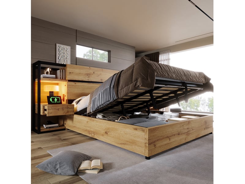  Lit coffre double 180x200 cm avec rangements et recharge usb, décor chêne  - Conforama D