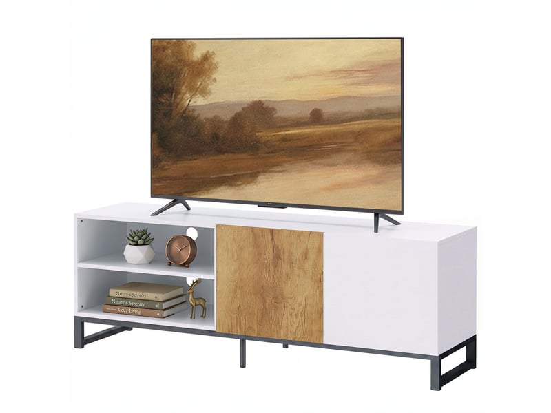  Meuble tv design tricolore blanc effet bois piètement acier noir  - Conforama E