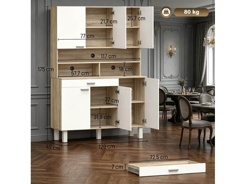 Buffet de cuisine avec 6 portes, 1 tiroir, niches ouvertes et passe-câbles, blanc et bois naturel, 120 × 40 × 175 cm - Conforama C