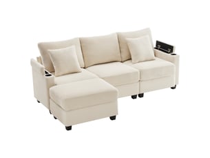 Canapé d'angle 3 places réversible 213,5x139 cm avec pouf, usb, porte-gobelet, rangements accoudoirs, velours côtelé - beige