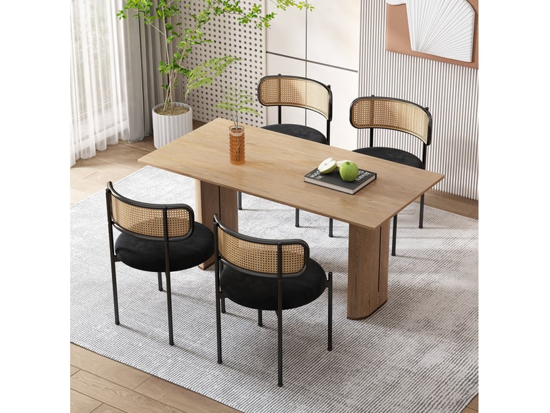  Lot de 6 chaises 51x51x75 cm, dossier rotin, couleur noire, assise en velours, pieds métal, pour salle à manger  - Conforama D